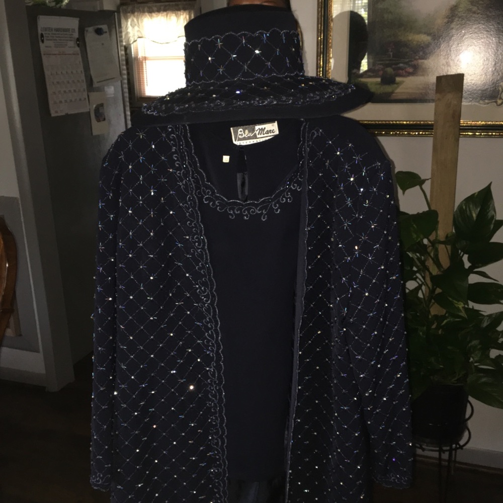 3 piece Navy Blue Suit Coat; Camisole, & Skirt